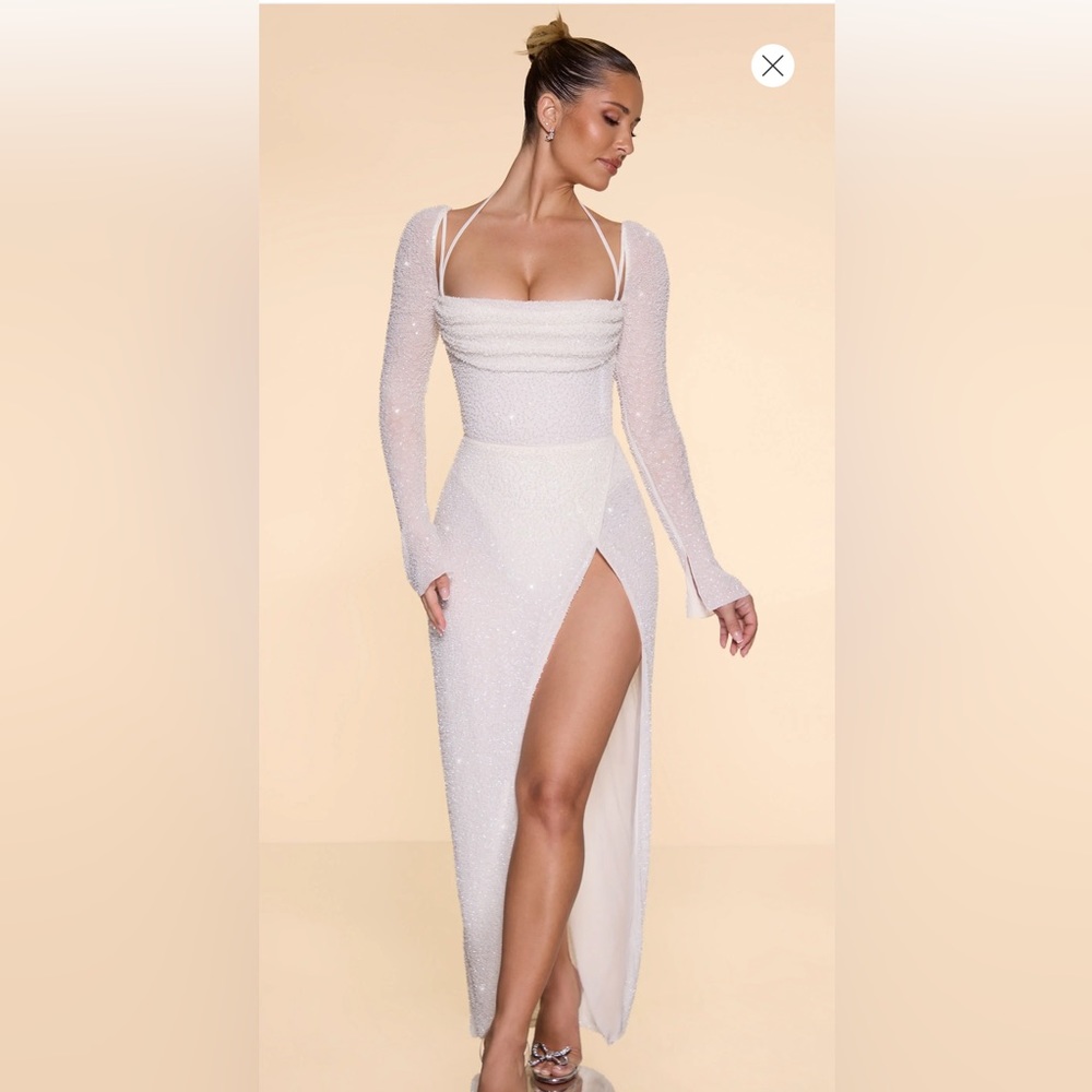Embellished Cowl Neck Maxi Dress in Ivory